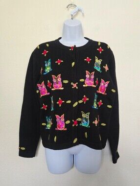 Vintage 90s Jack B Quick Bedazzled Beaded Owl Black Cardigan Sweater Medium